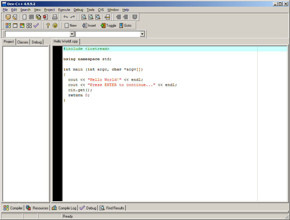 Ảnh thật E.3a — Dev-C++ bản cũ 4.9.9.2. Bản 6.3 trông hiện đại hơn nhưng cùng bố cục: khung Project bên trái, code ở giữa, tab Compile Log phía dưới. Ảnh: Francesco Betti Sorbelli, GPL v2+, qua Wikimedia Commons.