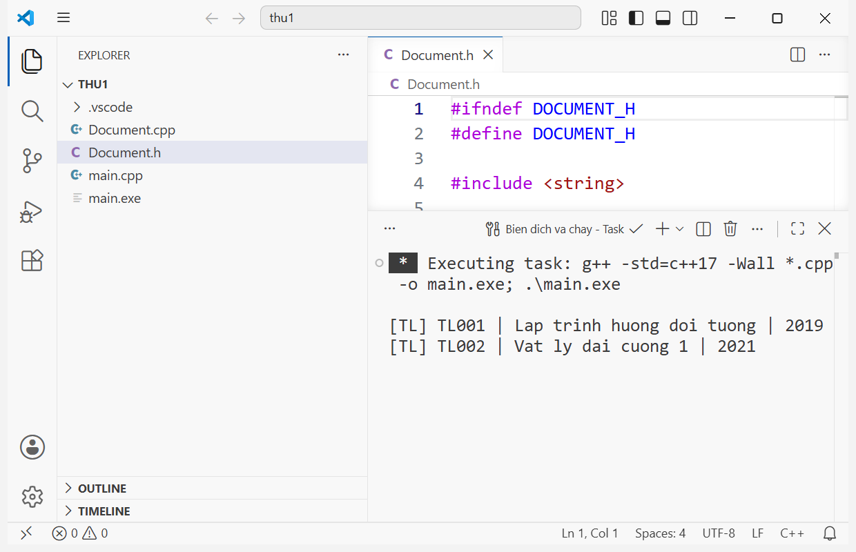 Ảnh thật E.8a — VS Code chạy trên Windows với đúng project ở mục 1.2: Explorer bên trái có Document.h, Document.cpp, main.cpp; Terminal phía dưới đã chạy lệnh g++ và in ra kết quả. Sau khi dịch, file main.exe xuất hiện trong Explorer. Giáo trình tự chụp.